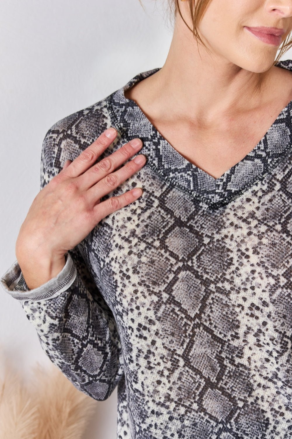 Hailey & Co - Grey Snakeskin Print V - Neck Long Sleeve Top