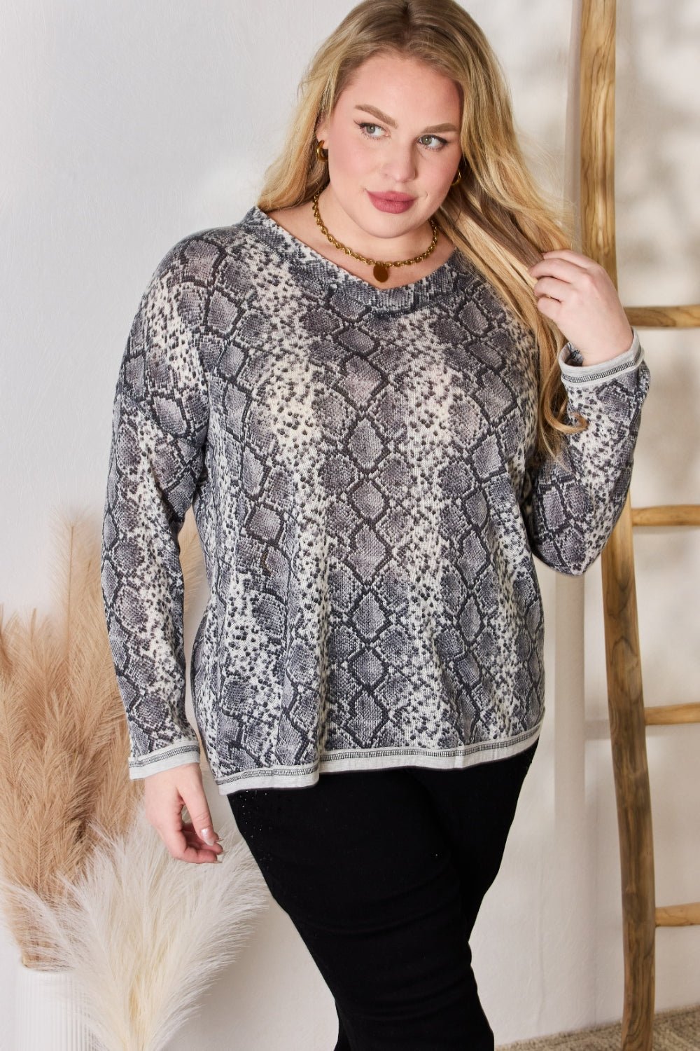 Hailey & Co - Grey Snakeskin Print V - Neck Long Sleeve Top