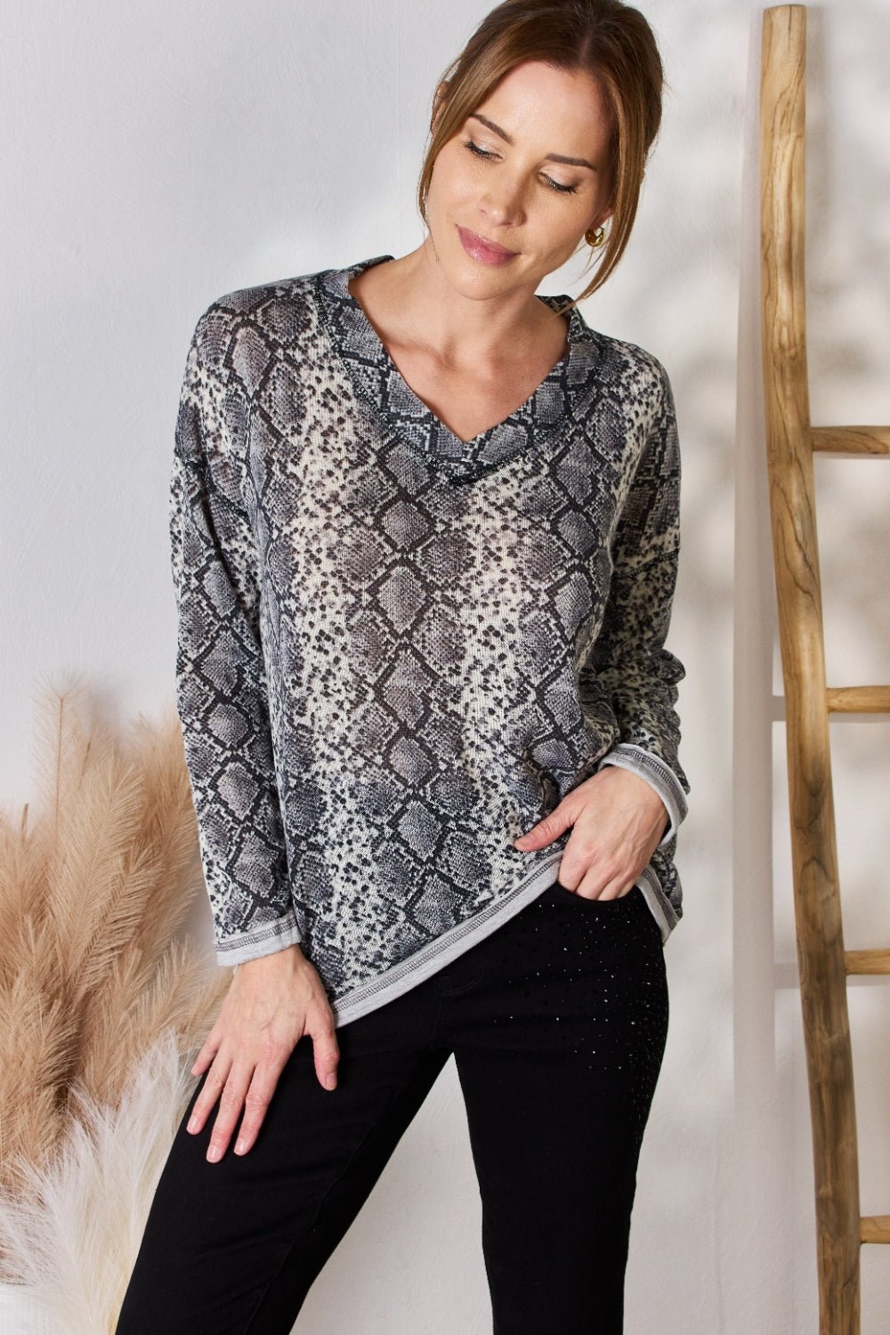 Hailey & Co - Grey Snakeskin Print V - Neck Long Sleeve Top