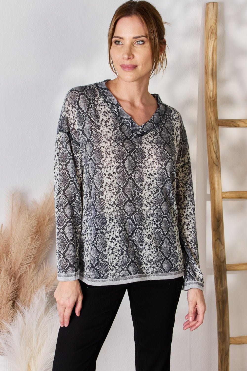 Hailey & Co - Grey Snakeskin Print V - Neck Long Sleeve Top