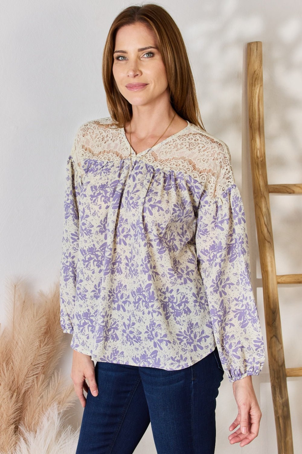 Hailey & Co - Lace Detail Floral Print Blouse in Lilac