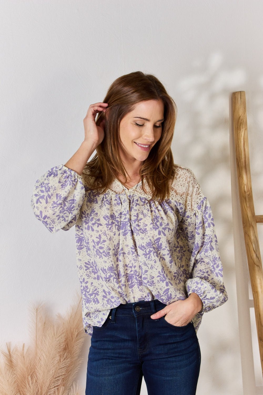 Hailey & Co - Lace Detail Floral Print Blouse in Lilac