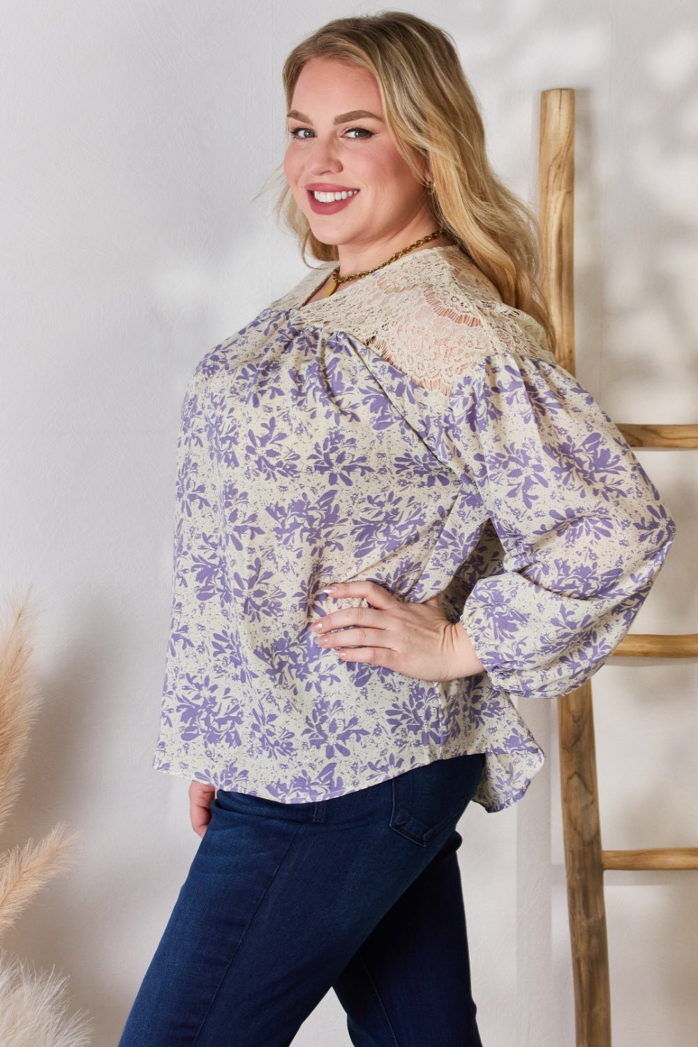 Hailey & Co - Lace Detail Floral Print Blouse in Lilac