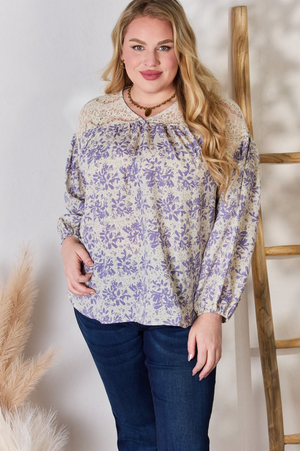 Hailey & Co - Lace Detail Floral Print Blouse in Lilac