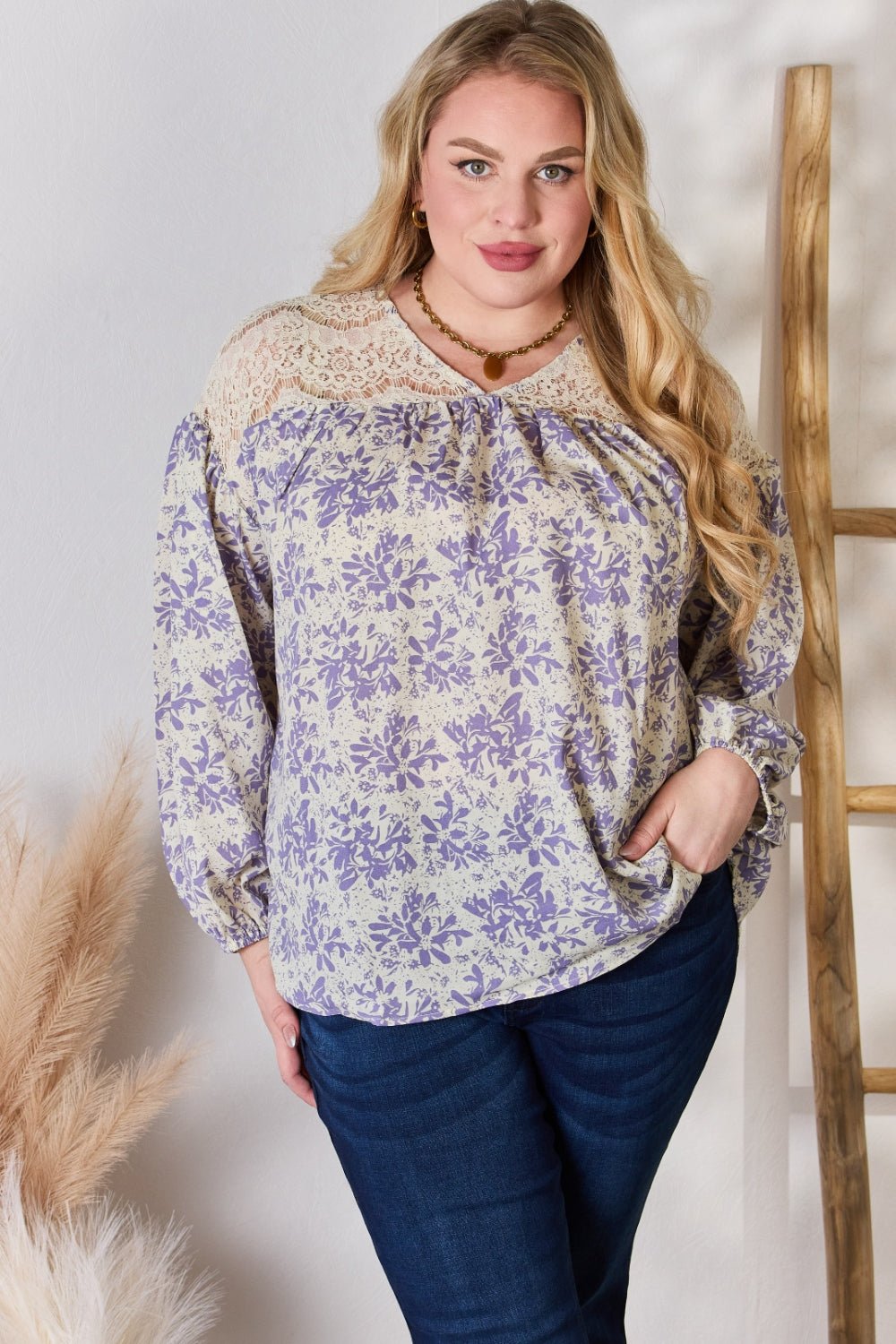 Hailey & Co - Lace Detail Floral Print Blouse in Lilac