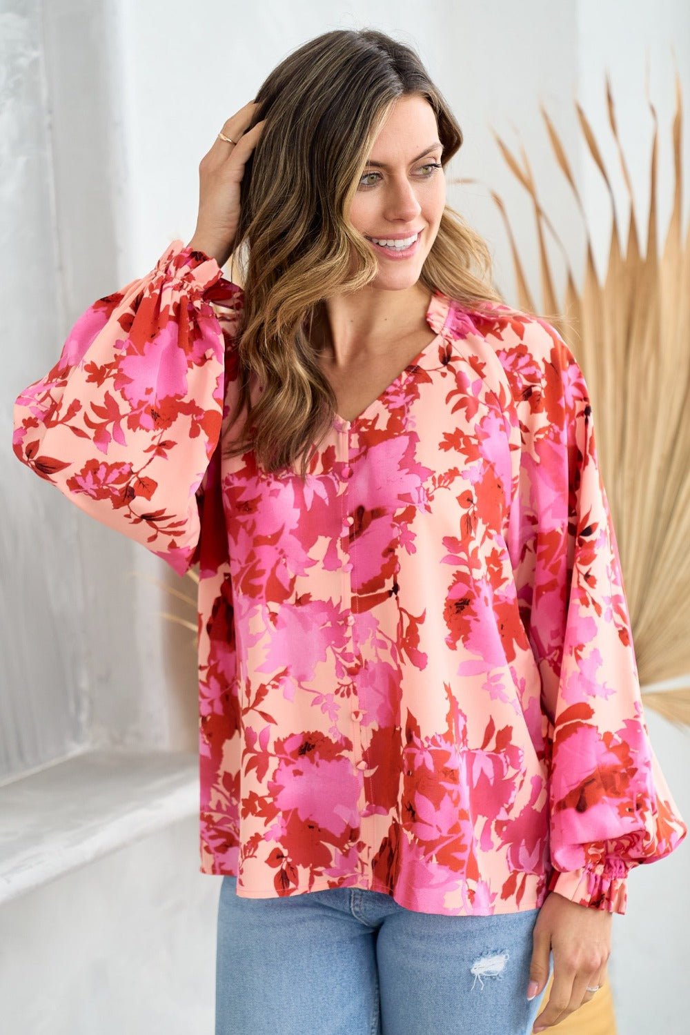 Hailey & Co - Pink Ruffled V - Neck Button Front Floral Blouse