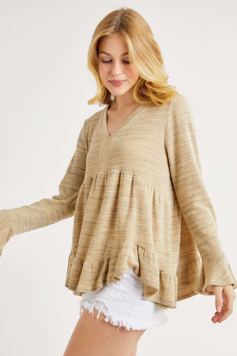 Hailey & Co - V - Neck Flounce Sleeve Knit Top in Taupe