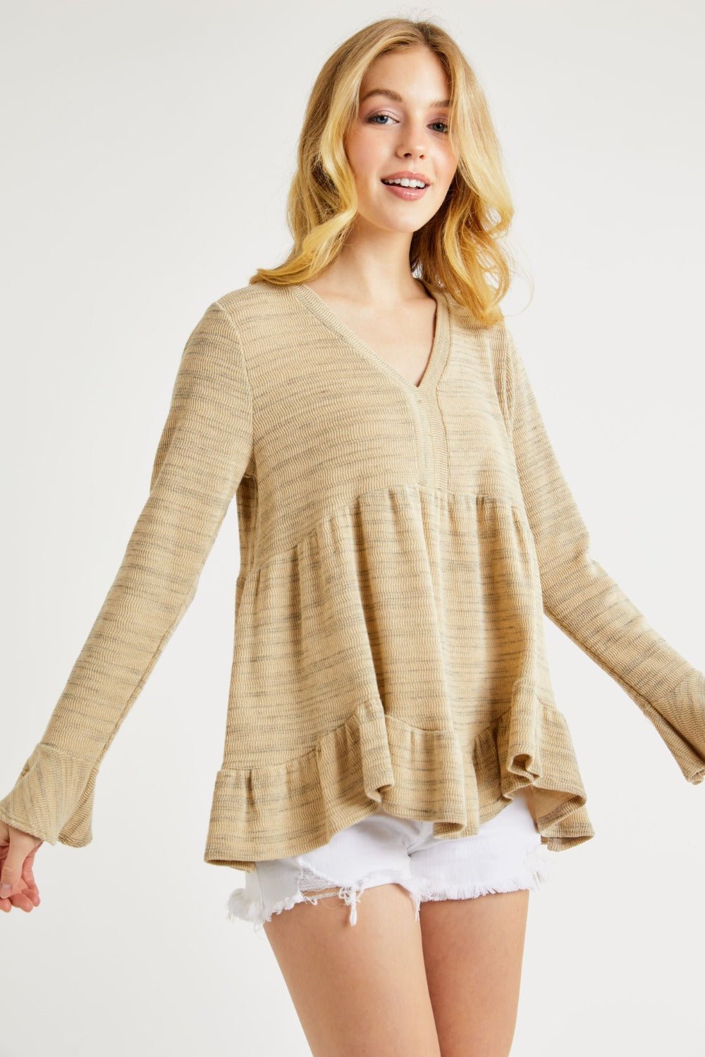 Hailey & Co - V - Neck Flounce Sleeve Knit Top in Taupe