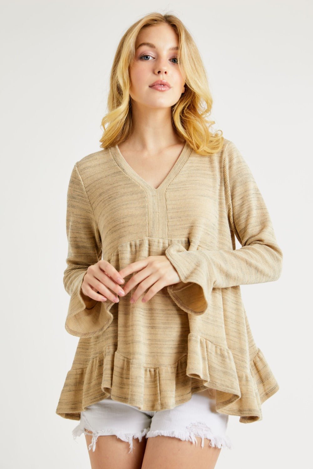 Hailey & Co - V - Neck Flounce Sleeve Knit Top in Taupe