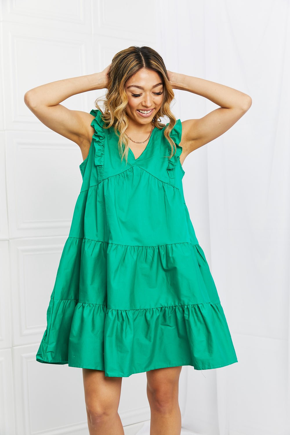 Hailey & CoRuffle Cap Sleeve Mini Dress in Green