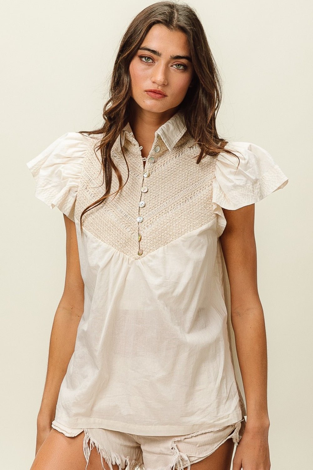 Half Button Collared Short Sleeve Top in IvoryTopBiBi