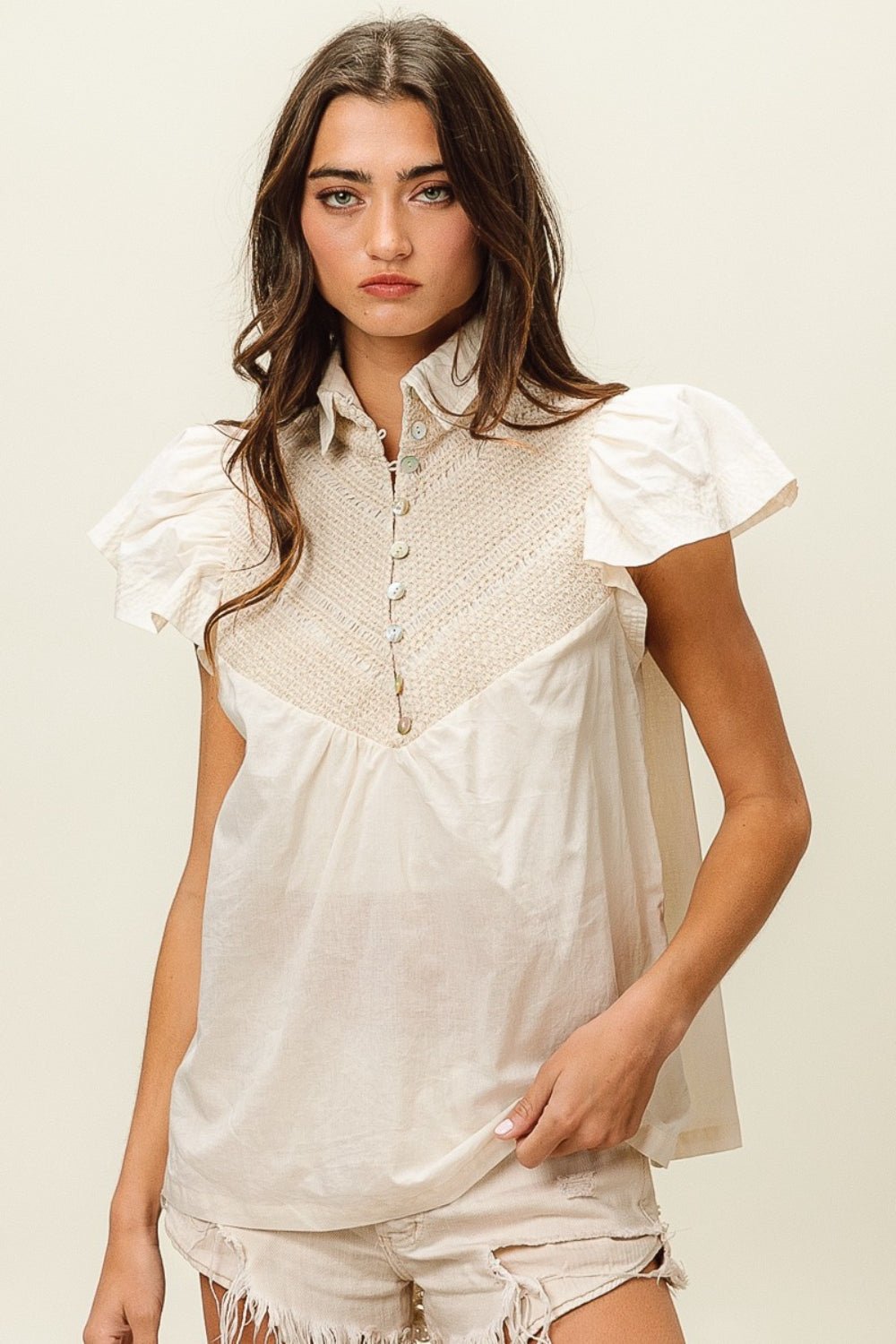 Half Button Collared Short Sleeve Top in IvoryTopBiBi