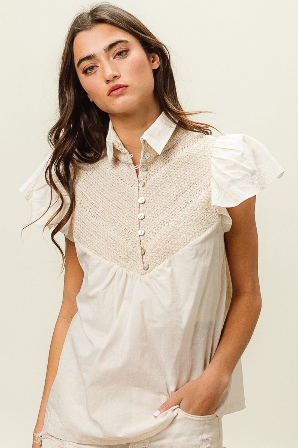 Half Button Collared Short Sleeve Top in IvoryTopBiBi