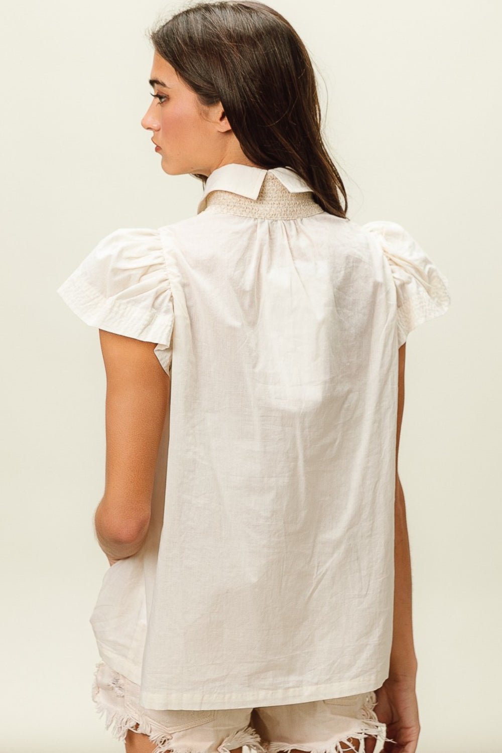 Half Button Collared Short Sleeve Top in IvoryTopBiBi