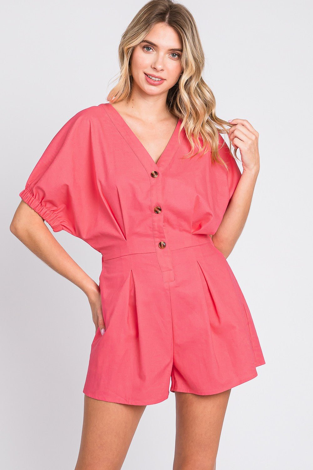 Half Button Short Sleeve V-Neck Romper in PinkRomperGeeGee