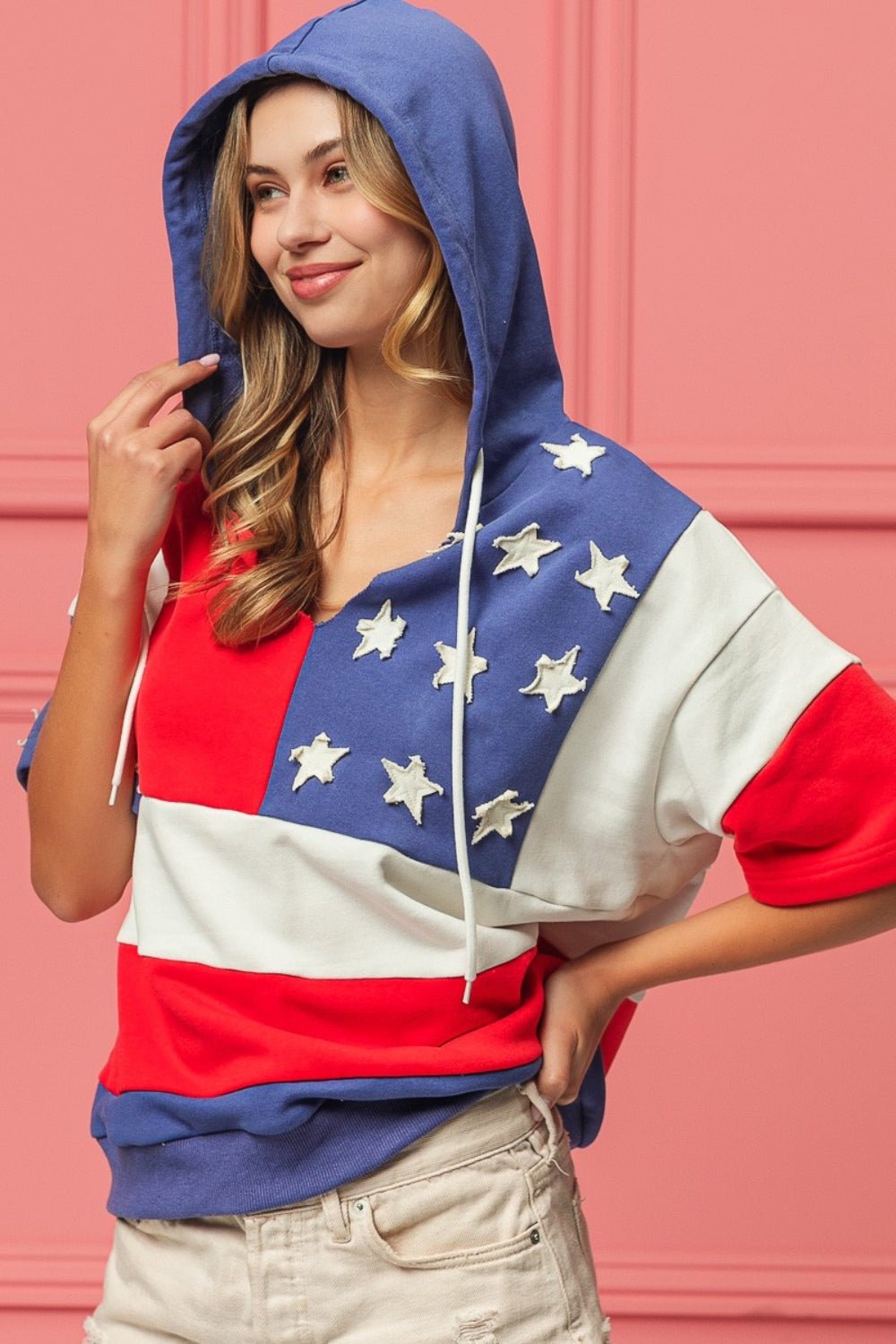 Half Sleeve American Flag Theme HoodieHoodieBiBi