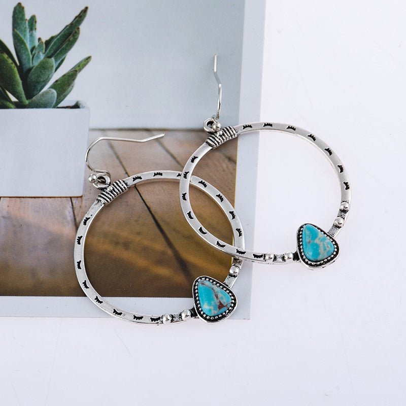 Hammered Silver Hoops Turquoise EarringsEarringsBeach Rose Co.