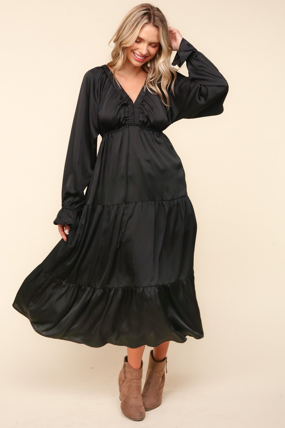 Haptics - Black Flounce Sleeve Tiered Midi Dress with Pockets