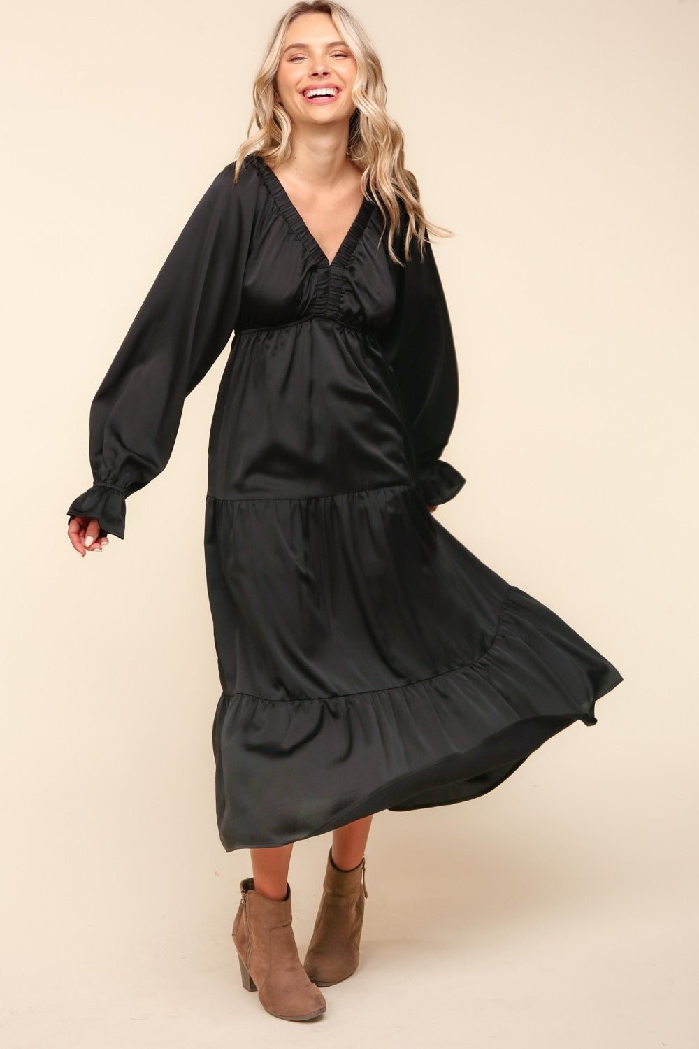 Haptics - Black Flounce Sleeve Tiered Midi Dress with Pockets