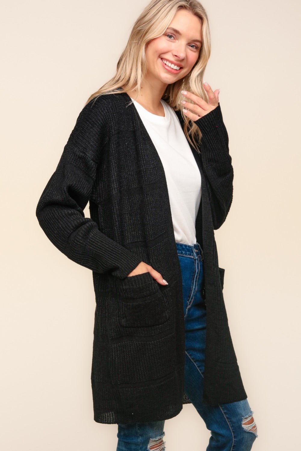 Haptics - Black Open Front Cardigan with Pockets