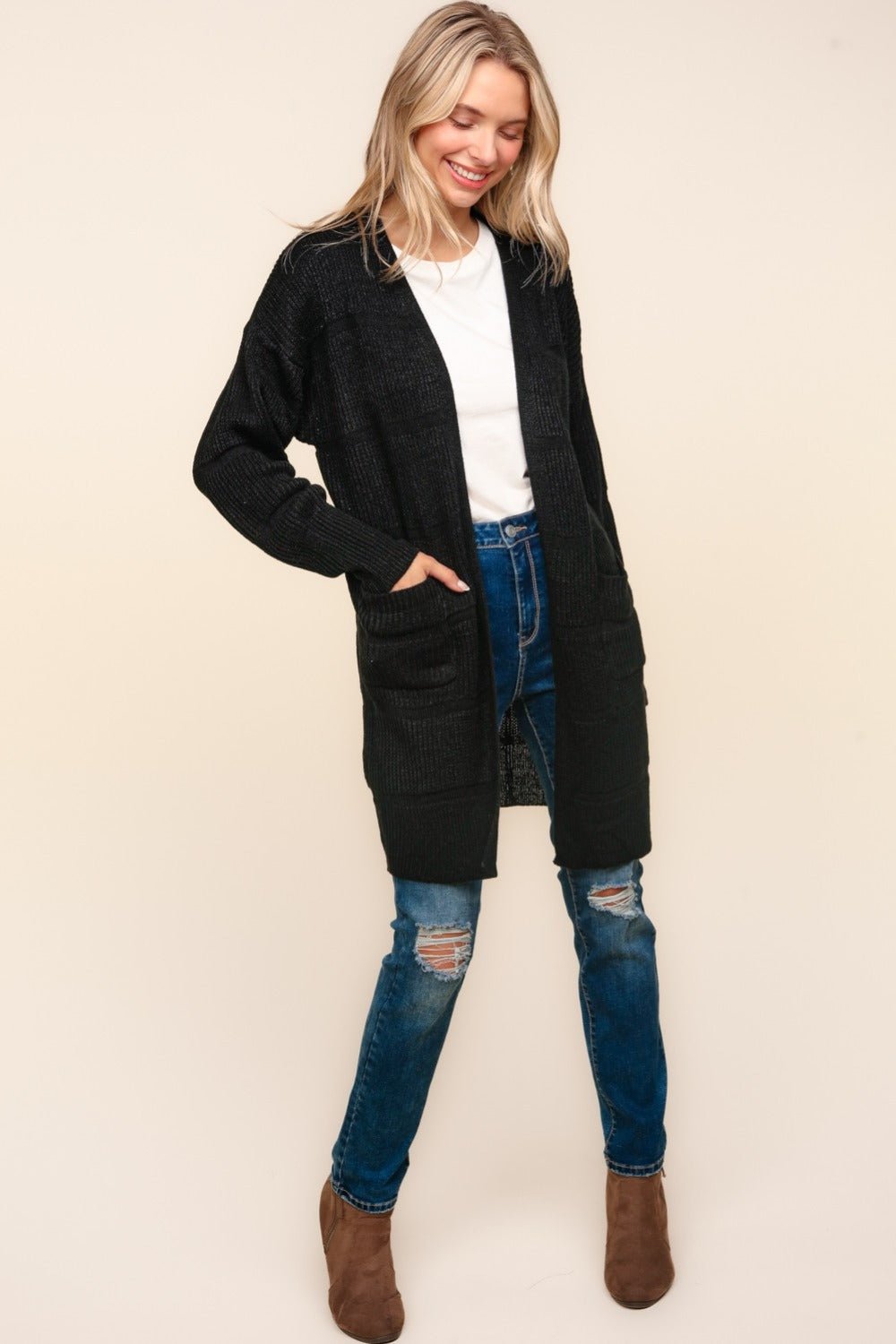 Haptics - Black Open Front Cardigan with Pockets