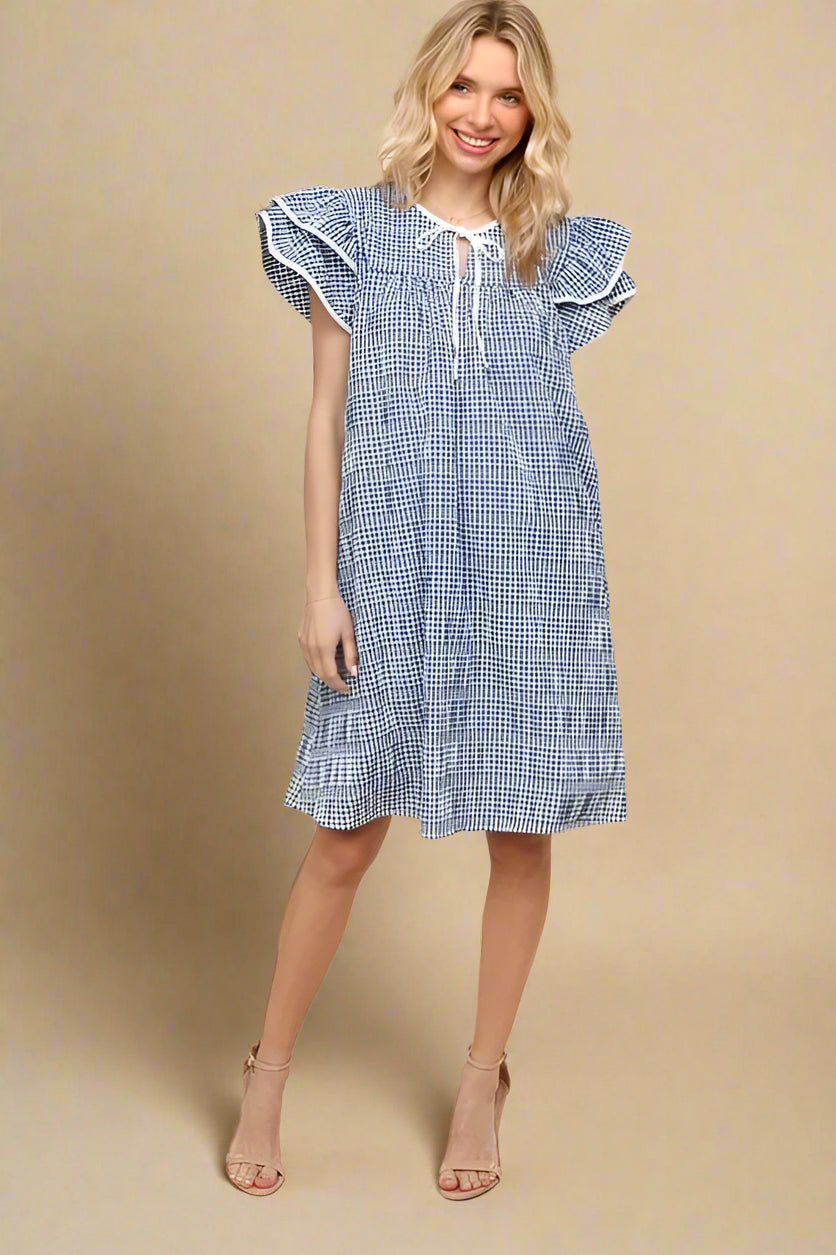 Haptics - Blue Gingham Flutter Sleeve Mini Dress with Tie Neck