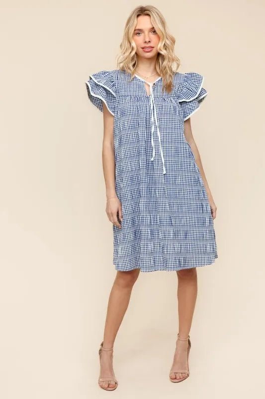 Haptics - Blue Gingham Flutter Sleeve Mini Dress with Tie Neck