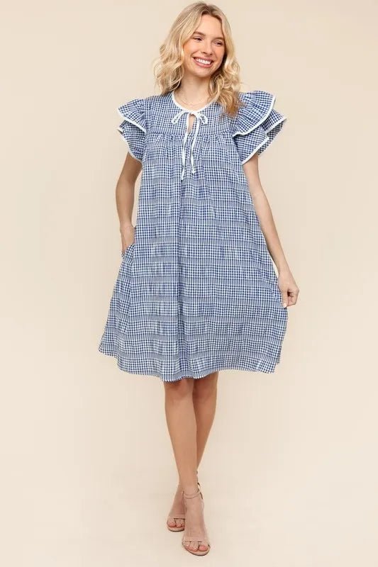 Haptics - Blue Gingham Flutter Sleeve Mini Dress with Tie Neck