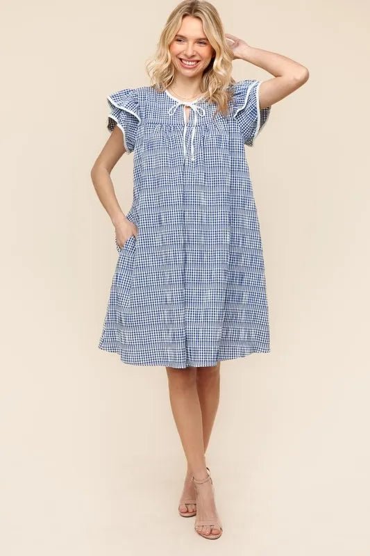 Haptics - Blue Gingham Flutter Sleeve Mini Dress with Tie Neck