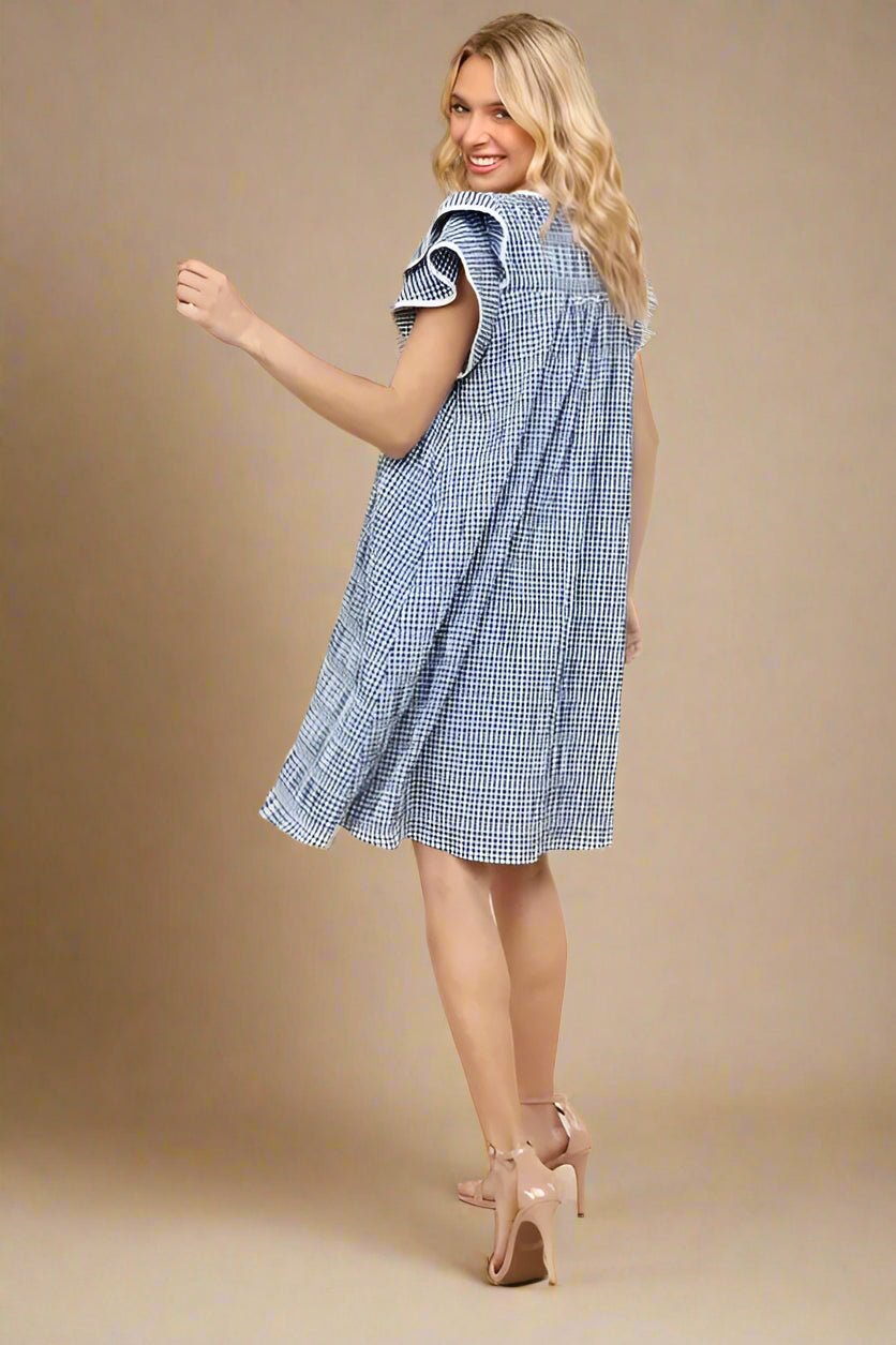 Haptics - Blue Gingham Flutter Sleeve Mini Dress with Tie Neck