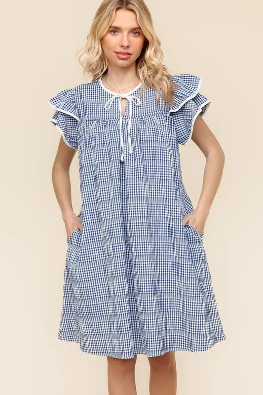 Haptics - Blue Gingham Flutter Sleeve Mini Dress with Tie Neck