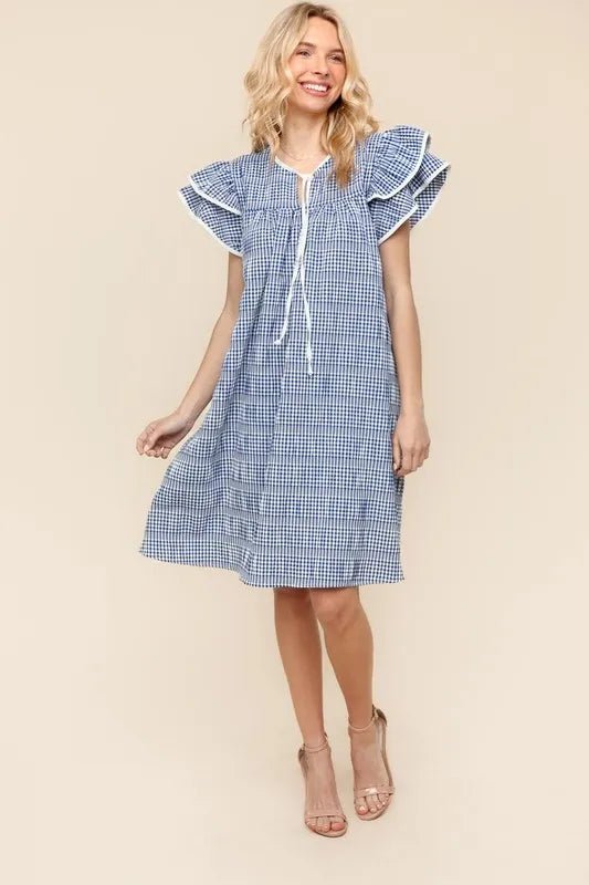 Haptics - Blue Gingham Flutter Sleeve Mini Dress with Tie Neck