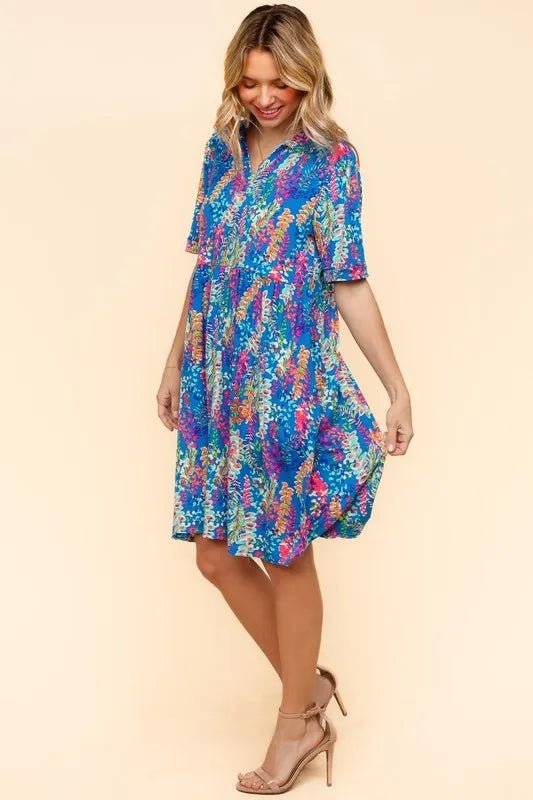 Haptics - Bold Blue Floral Collared Babydoll Mini Dress