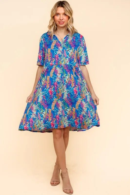 Haptics - Bold Blue Floral Collared Babydoll Mini Dress