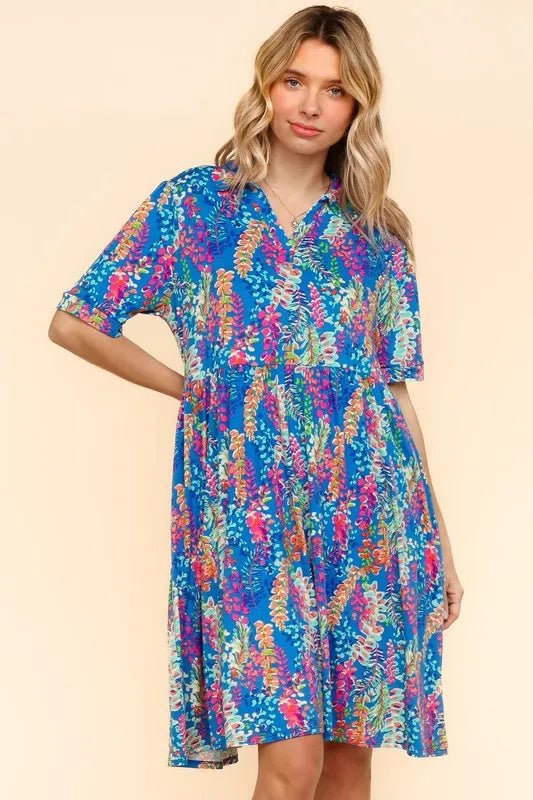 Haptics - Bold Blue Floral Collared Babydoll Mini Dress