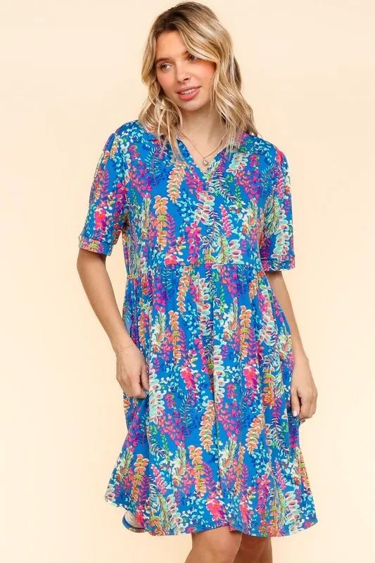 Haptics - Bold Blue Floral Collared Babydoll Mini Dress