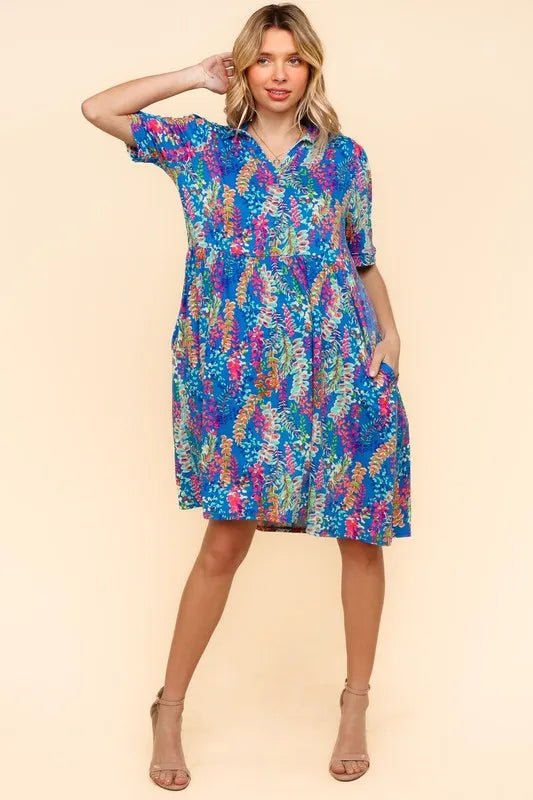 Haptics - Bold Blue Floral Collared Babydoll Mini Dress