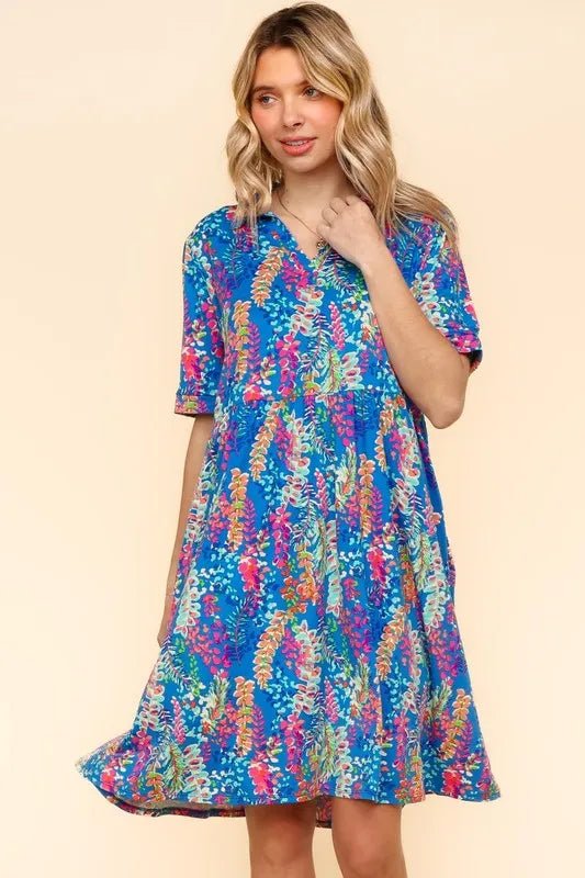 Haptics - Bold Blue Floral Collared Babydoll Mini Dress