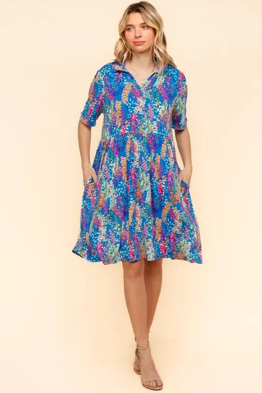 Haptics - Bold Blue Floral Collared Babydoll Mini Dress