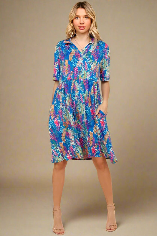 Haptics - Bold Blue Floral Collared Babydoll Mini Dress
