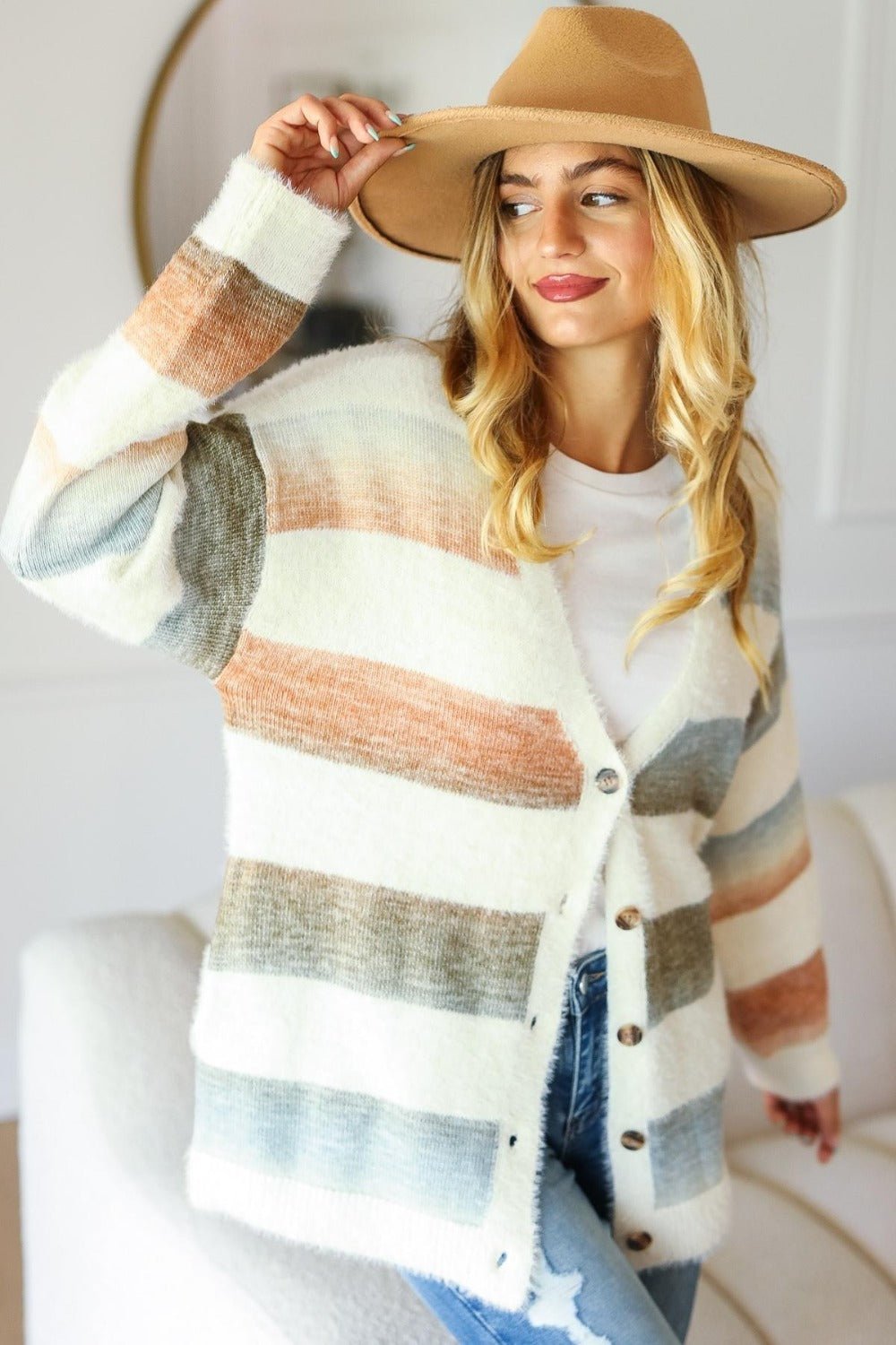 Haptics - Button Down Olive Rust Stripe Soft Fuzzy Cardigan in Ivory