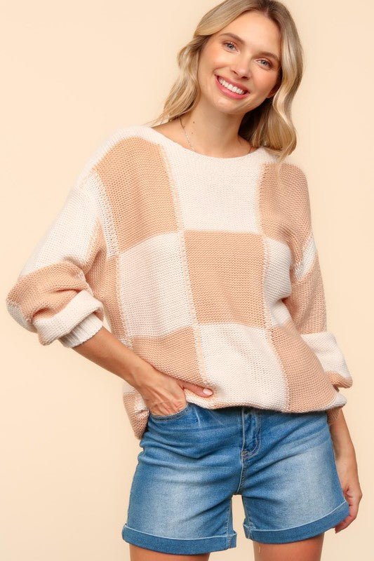 Haptics - Checkered Relaxed Fit Sweater in Apricot