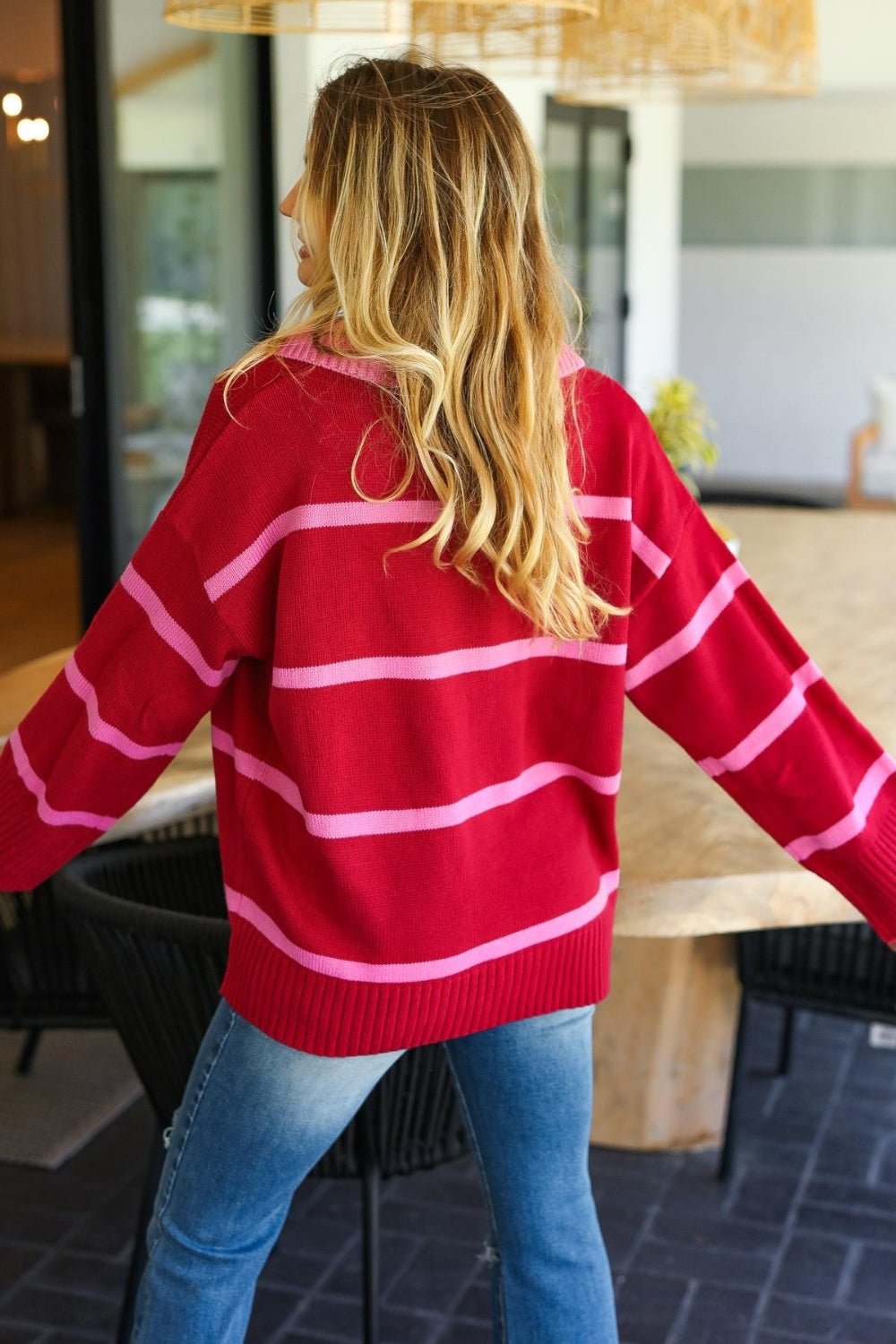 Haptics - Collared Neck Striped Contrast Sweater in Crimson Pink