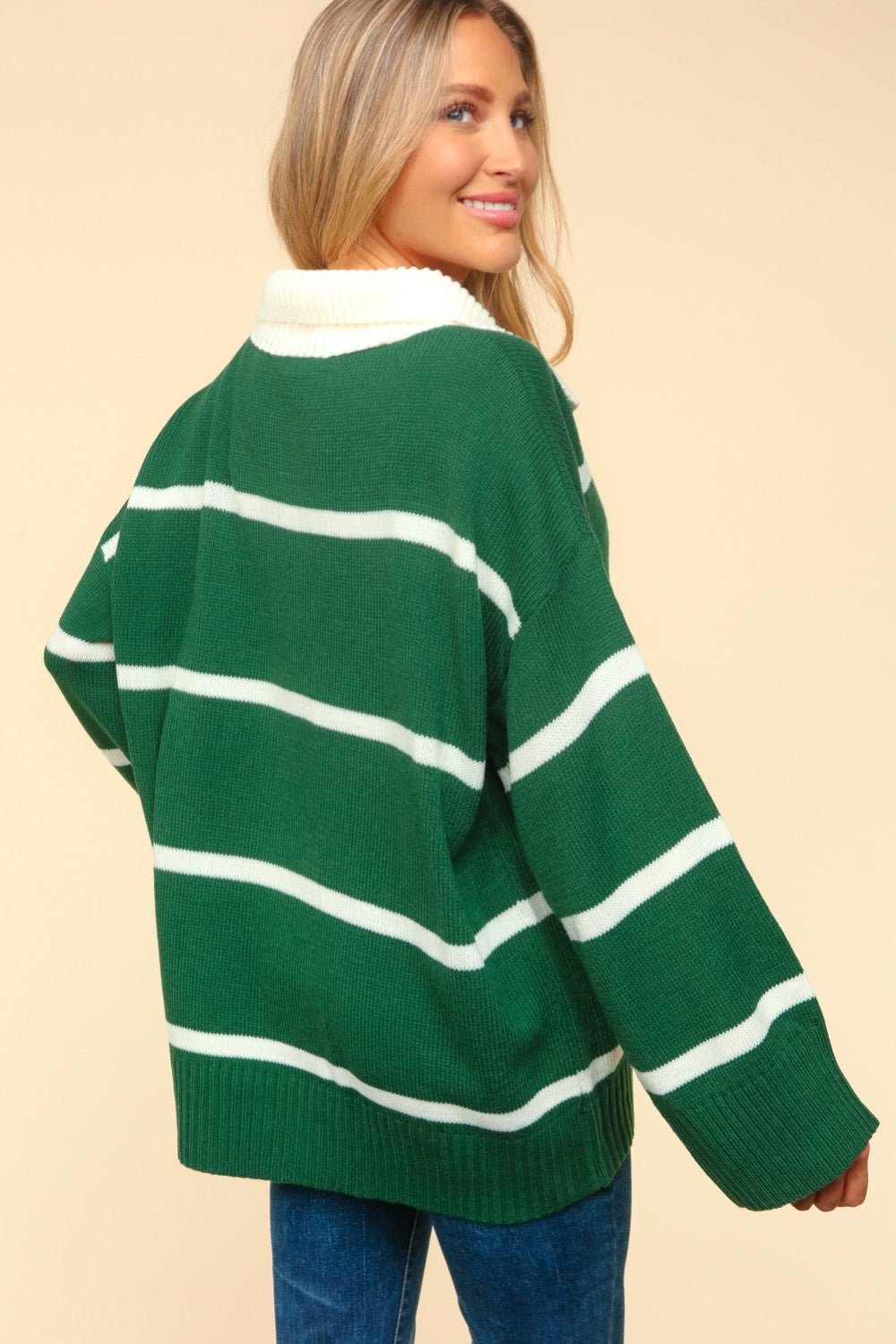 Haptics - Collared Neck Striped Contrast Sweater in Hunter Green Ivory