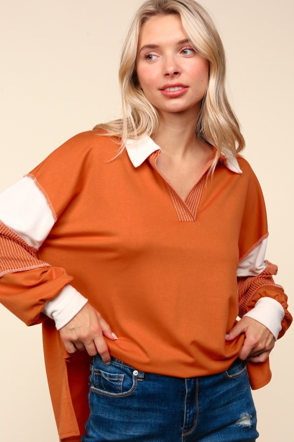 Haptics - Color Block Exposed Seam Long Sleeve Top in Rust