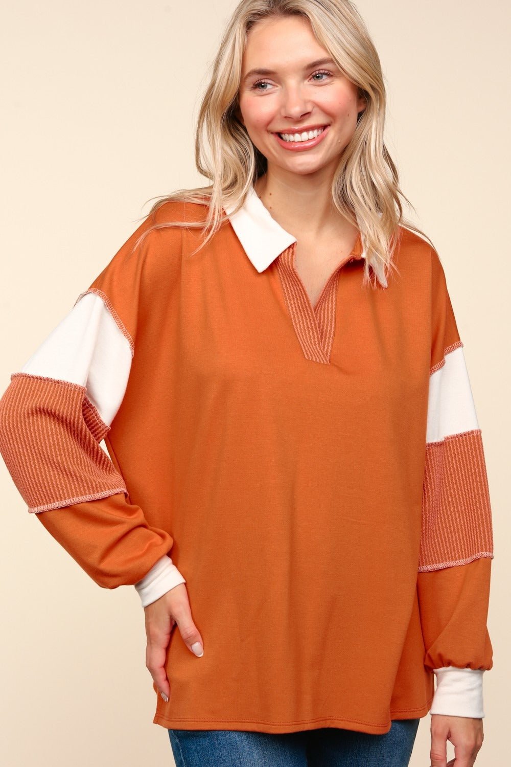 Haptics - Color Block Exposed Seam Long Sleeve Top in Rust