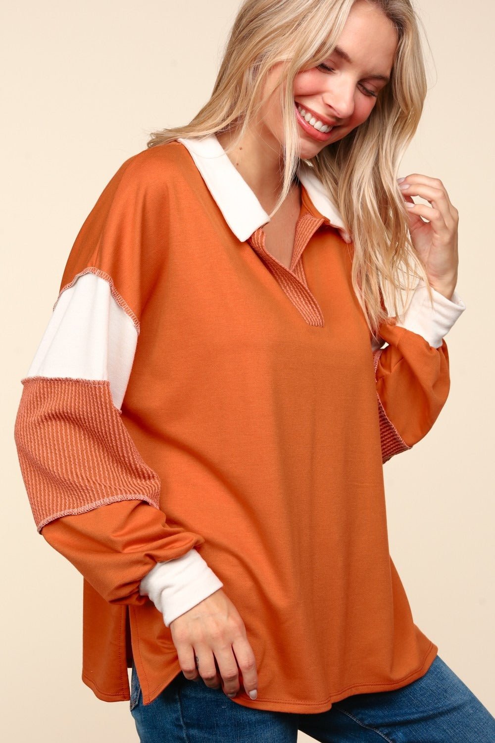 Haptics - Color Block Exposed Seam Long Sleeve Top in Rust