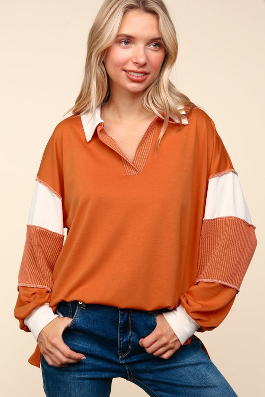 Haptics - Color Block Exposed Seam Long Sleeve Top in Rust