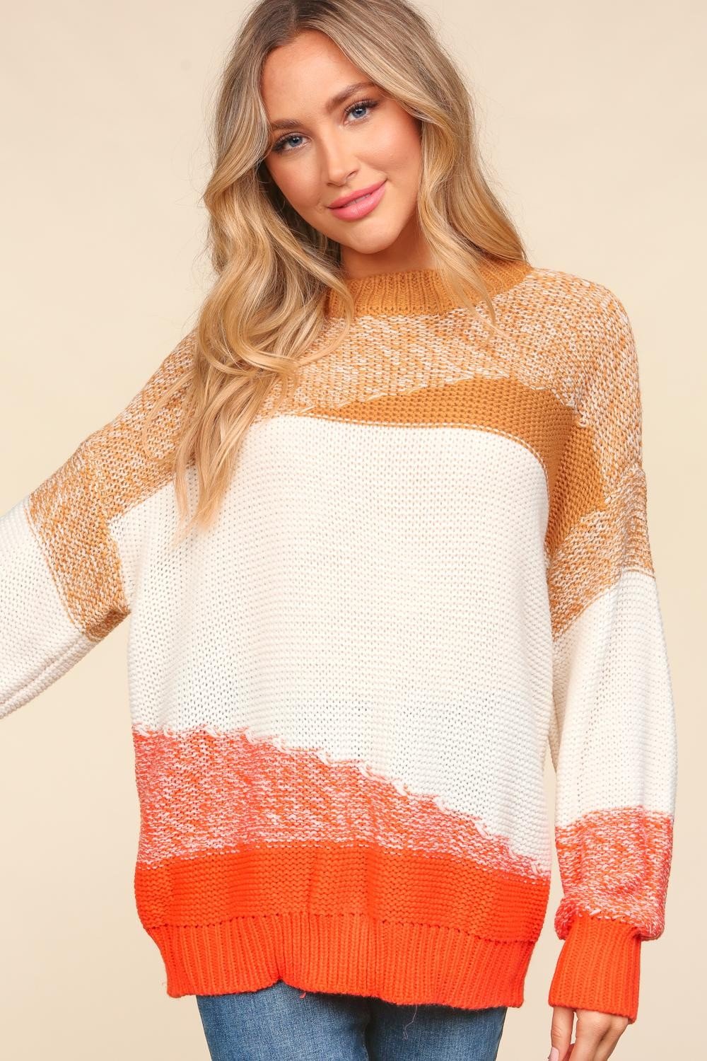 Haptics - Color Block Long Sleeve Sweater in Camel Ivory