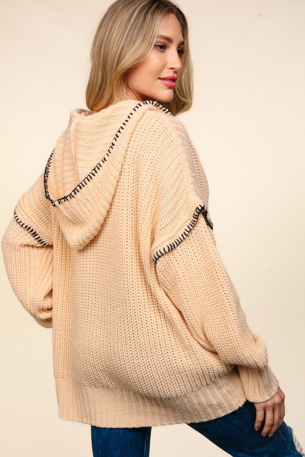 Haptics - Contrast Stitch Long Sleeve Hooded Sweater in Oatmeal